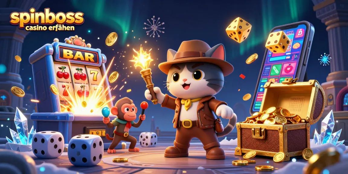 Spinboss Casino Erfahrungen: 3D-Cartoon-Illustration mit Abenteurern und Glücksspiel-Symbolen
