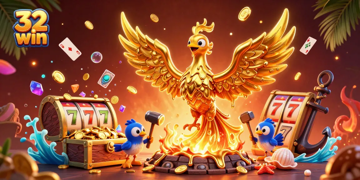 Experience thrilling wins at 32 win with captivating slot reels and golden phoenix illustrations.