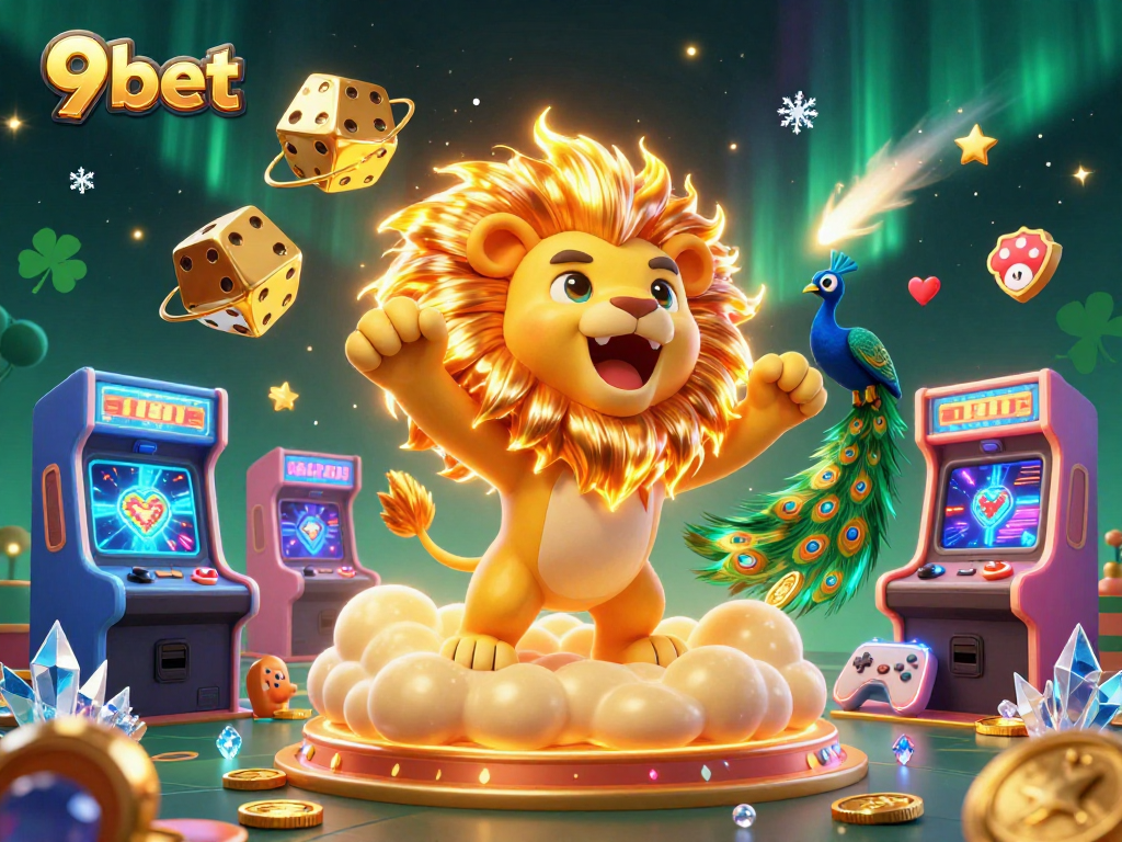 Experience 9bet gaming excitement with a vivid 3D illustration of iconic casino elements and characters.