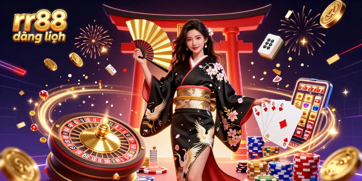Experience rr88 đăng nhập with a stunning 3D illustration of casino elements and celebratory motifs.