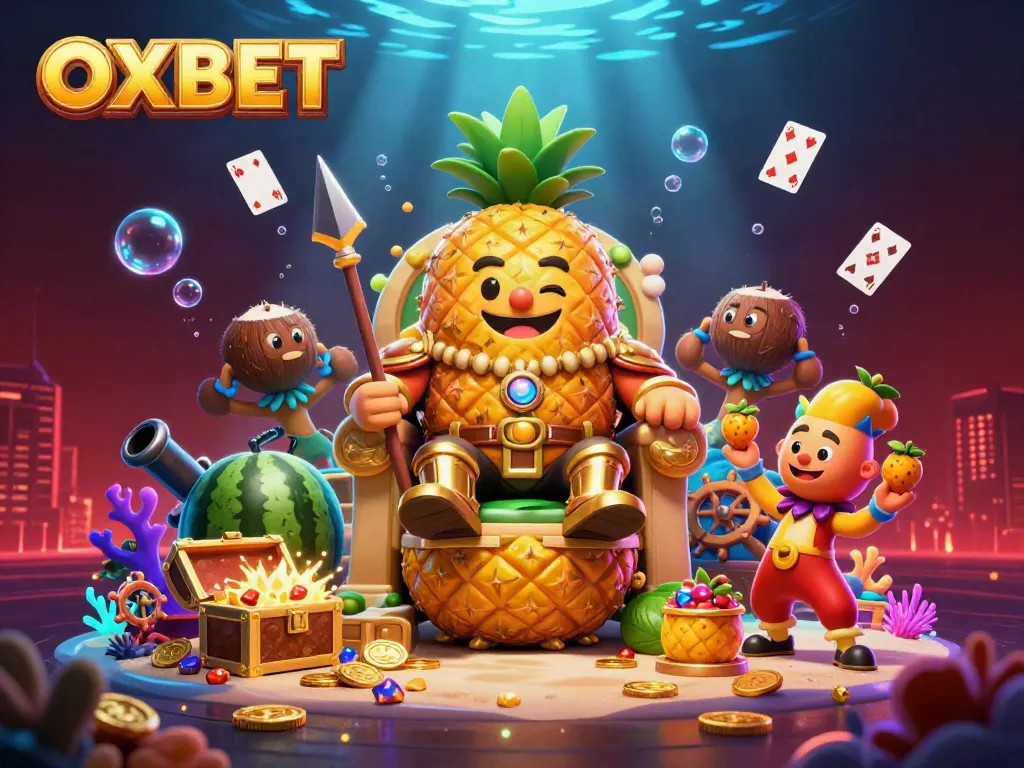 Engage with OXBET in a vibrant casino scene featuring a pineapple king, jester, and treasure.
