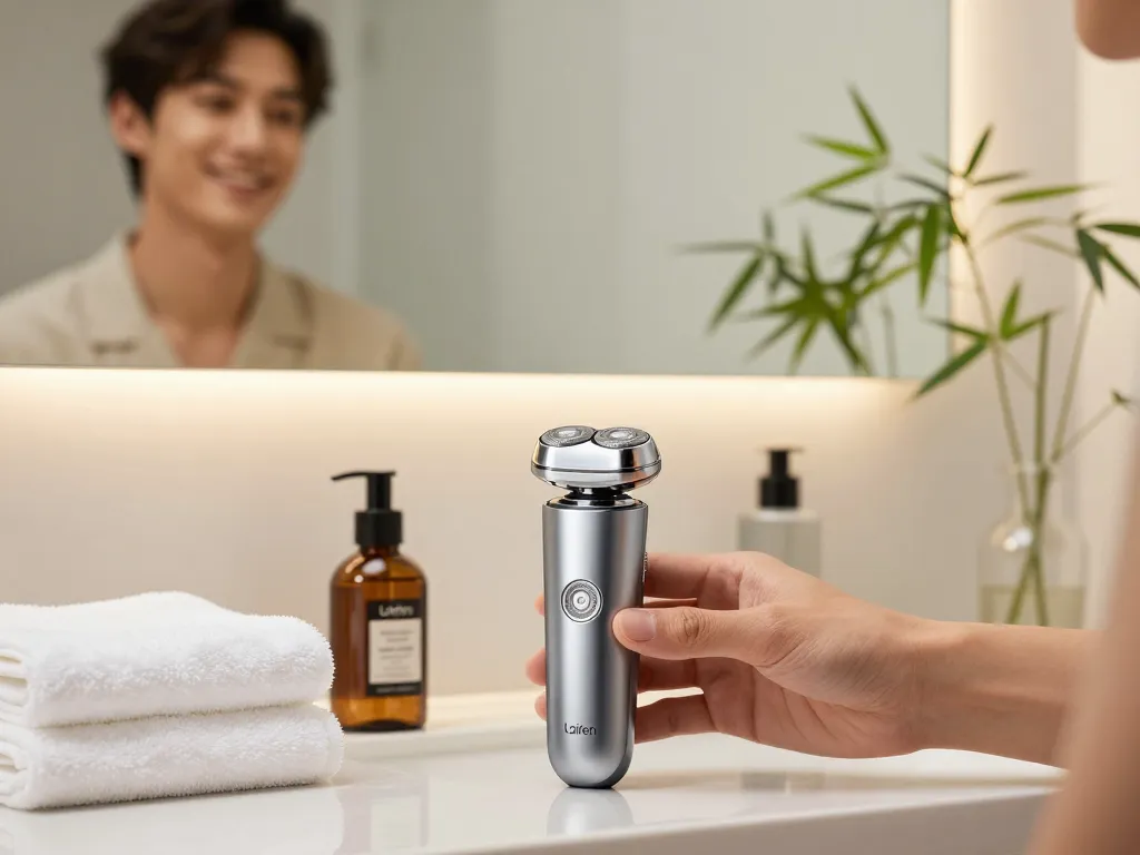 Stilvolle Person, die den elektrischen Rasierer von Laifen EU in einem luxuriösen Badezimmer verwendet
