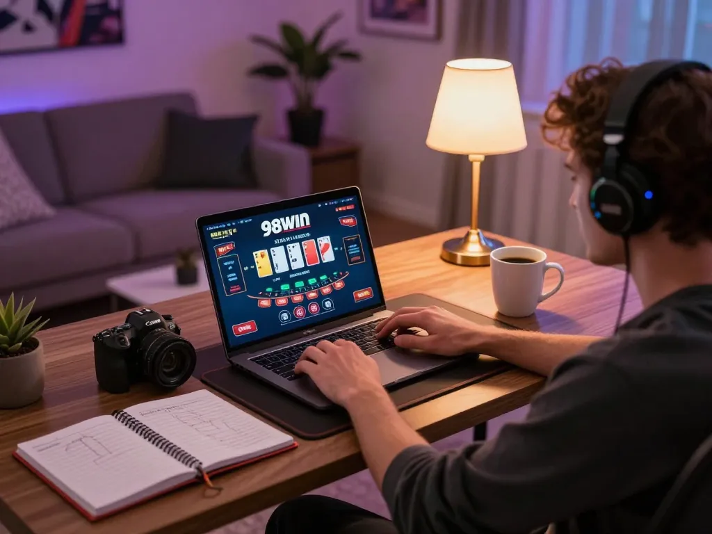 Online gambler enjoying the 98win9 interface, engaging in live dealer games from home.