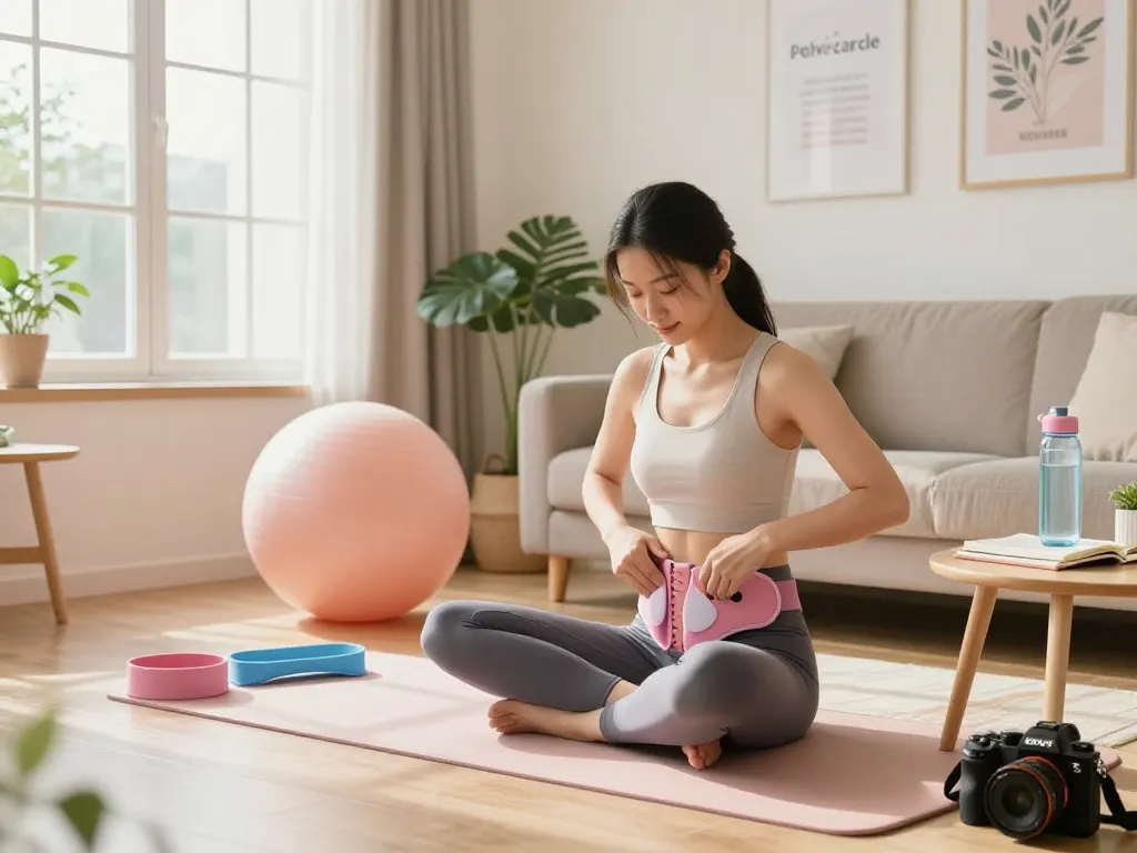 Woman using Pelvi-care.de pelvic floor trainer in a bright and cozy living room