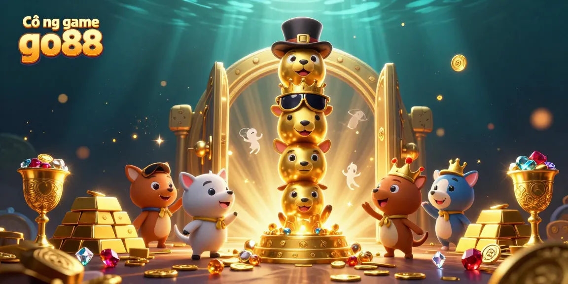 Play exciting games at Cổng game go88, vibrant casino scene filled with treasures and lively characters.