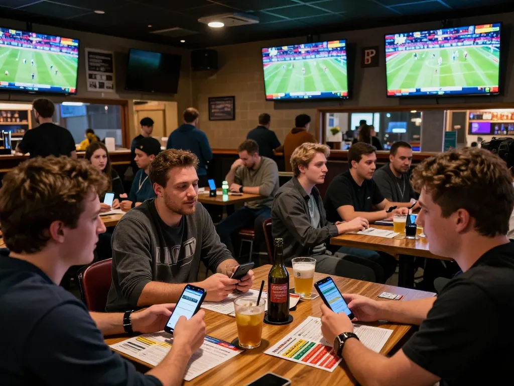 Excited sports fans analyzing ty le keo nha cai during a betting night at a lively bar with multiple screens.