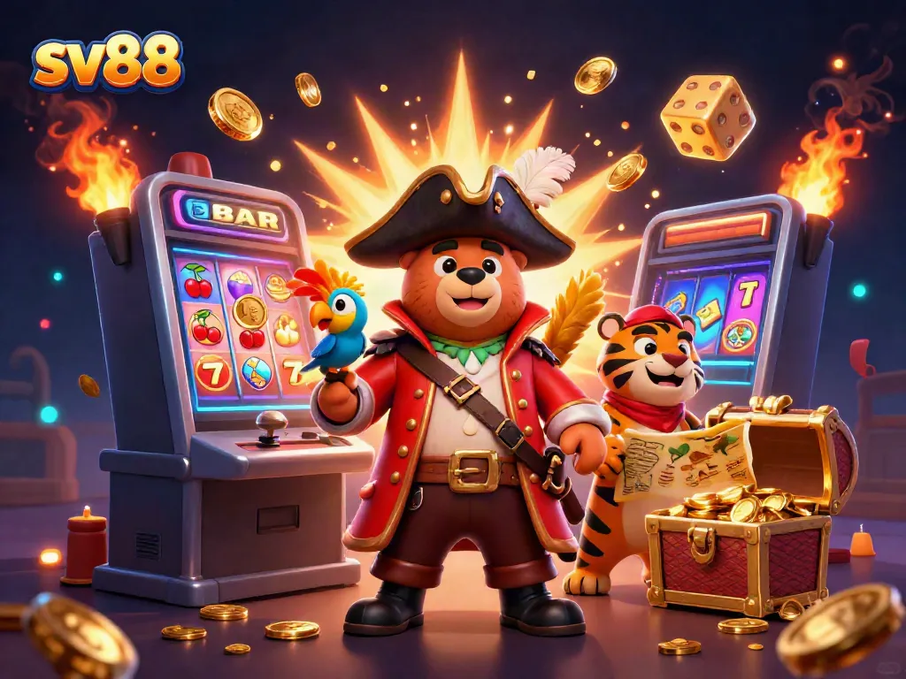 Engage with sv88's thrilling 3D scene featuring vibrant casino elements and characters.