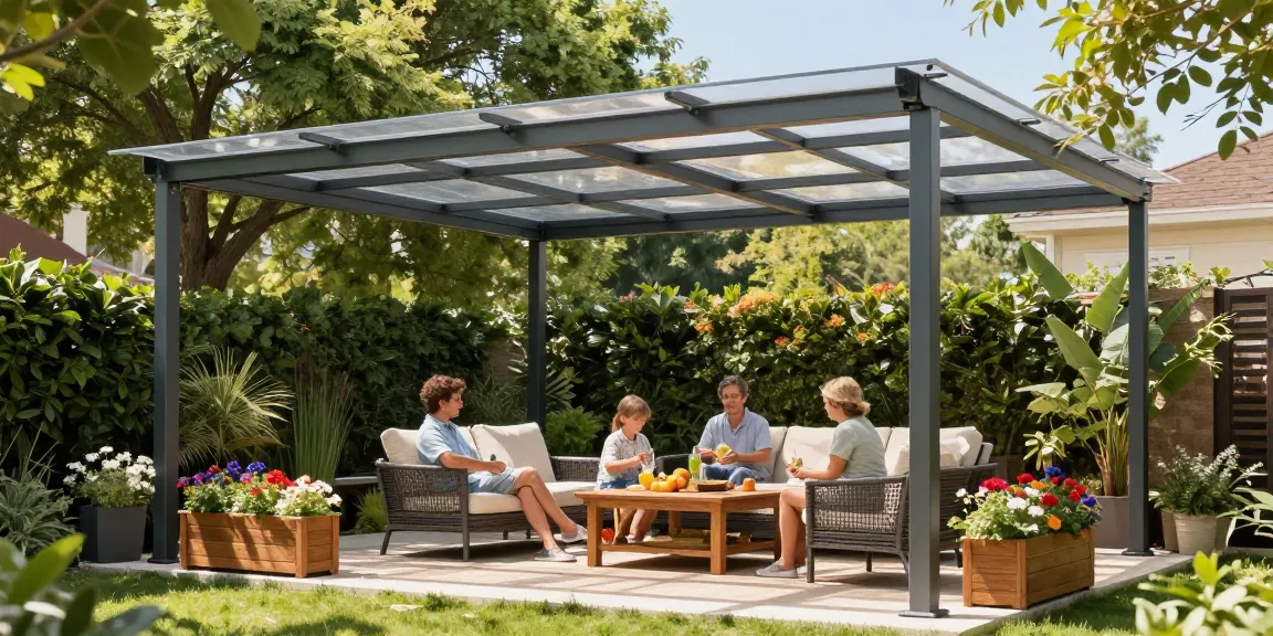 Schöne freistehende Terrassenüberdachung mit modernen Elementen, Familie entspannt unter dem Sonnenschutz.