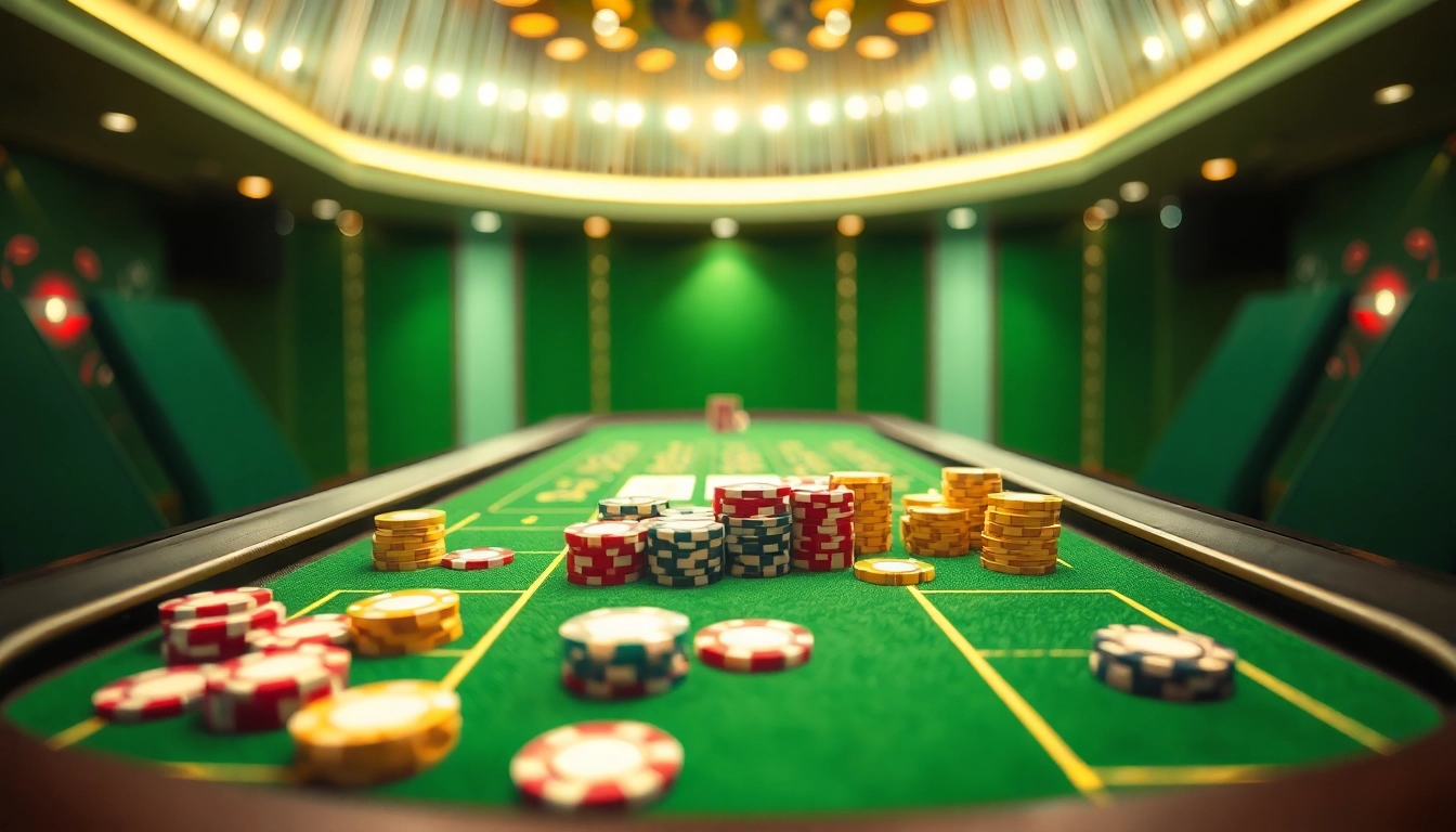 Spieltisch mit Casino-Spielen, ideal für ein online casino ohne anmeldung Erlebnis, voll mit Chips und Karten.