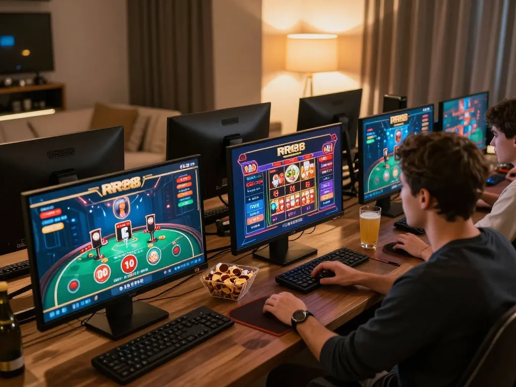 Player immersed in RR88 online gaming experience with multiple active screens and a cozy atmosphere.
