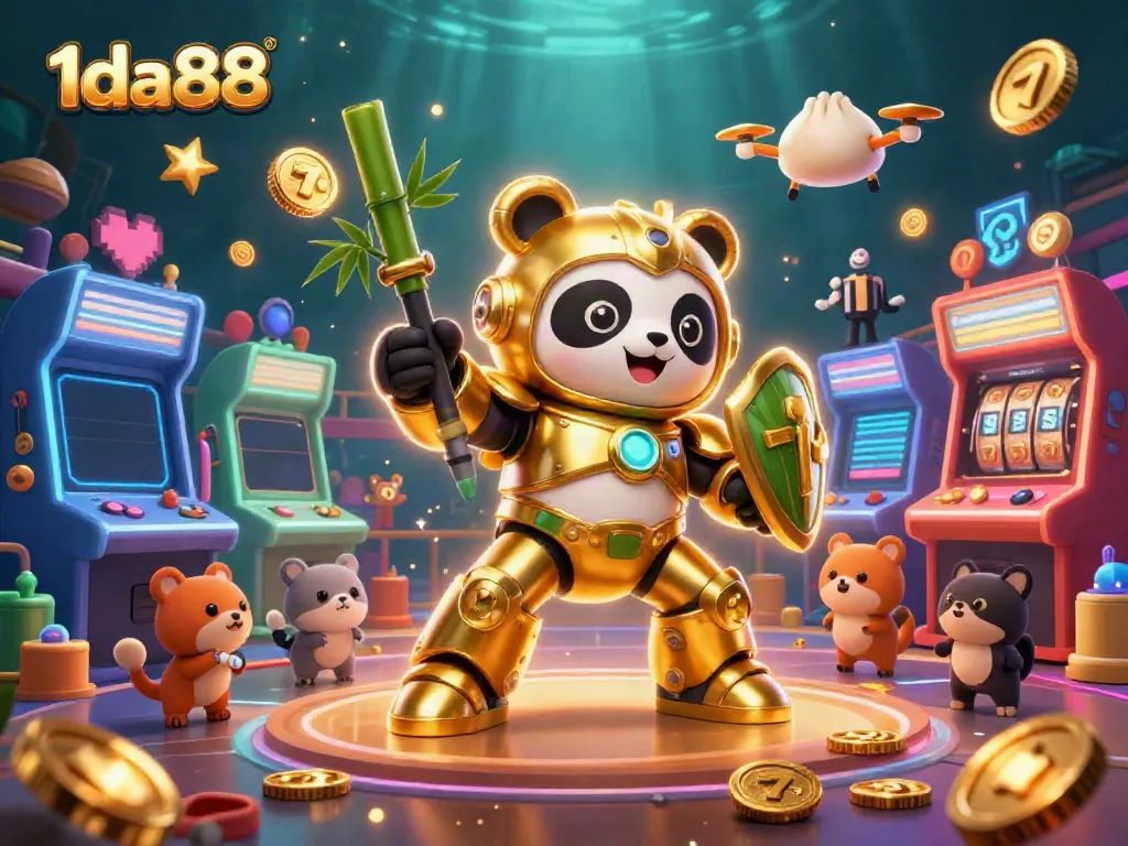 Experience the excitement of 1da88 with a dynamic scene of a golden panda pilot and vibrant casino elements.