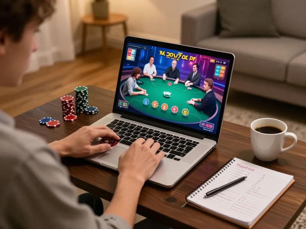 Plagiat scannen during online poker gameplay, showcasing a player focusing on strategy and engagement