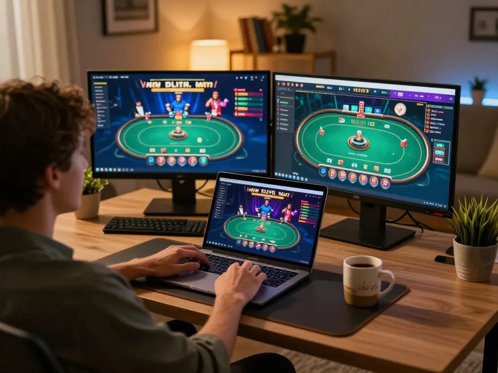 VT88 player engaged in online poker at home, highlighting strategic gameplay and comfortable setting