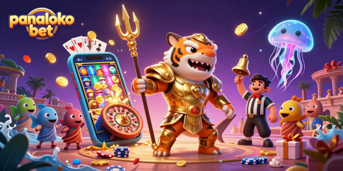 Panaloko bet showcases a vibrant underwater casino scene with a shark wielding a trident, colorful slot game elements, and a lively crowd.