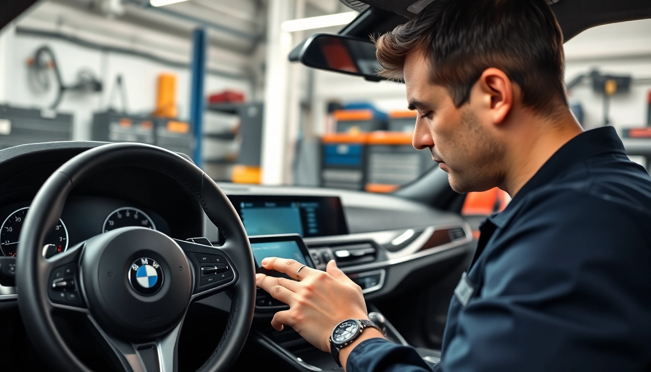 BMW Codierer bei der Arbeit an einem modernen Fahrzeug mit technischer Ausstattung.