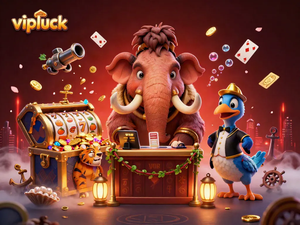 Experience the vibrant atmosphere of vipluck casino with a cartoon illustration featuring unique characters and rich game elements.
