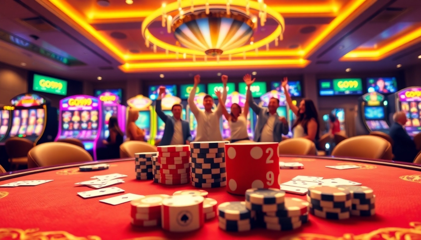 Exciting GO99 casino scene showcasing gaming tables and jubilant players.