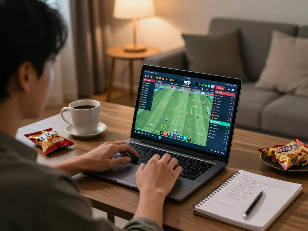 Engaging in hk online sports betting strategy using laptop to analyze live match stats.