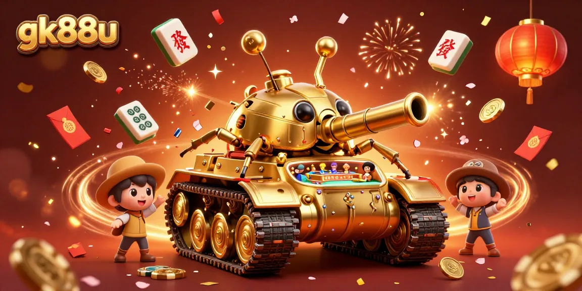 Experience thrilling gameplay at gk88u with a vibrant 3D golden beetle tank casino illustration.
