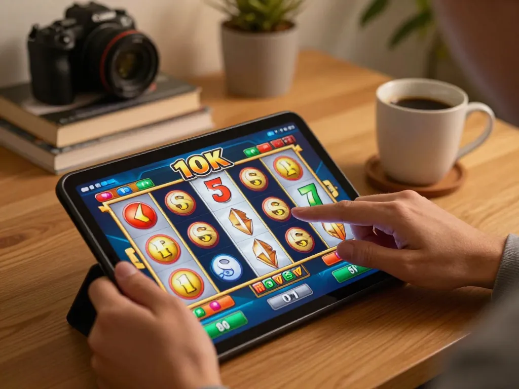 Engaging player spinning the slot 10k online game on a tablet in a cozy home setting.