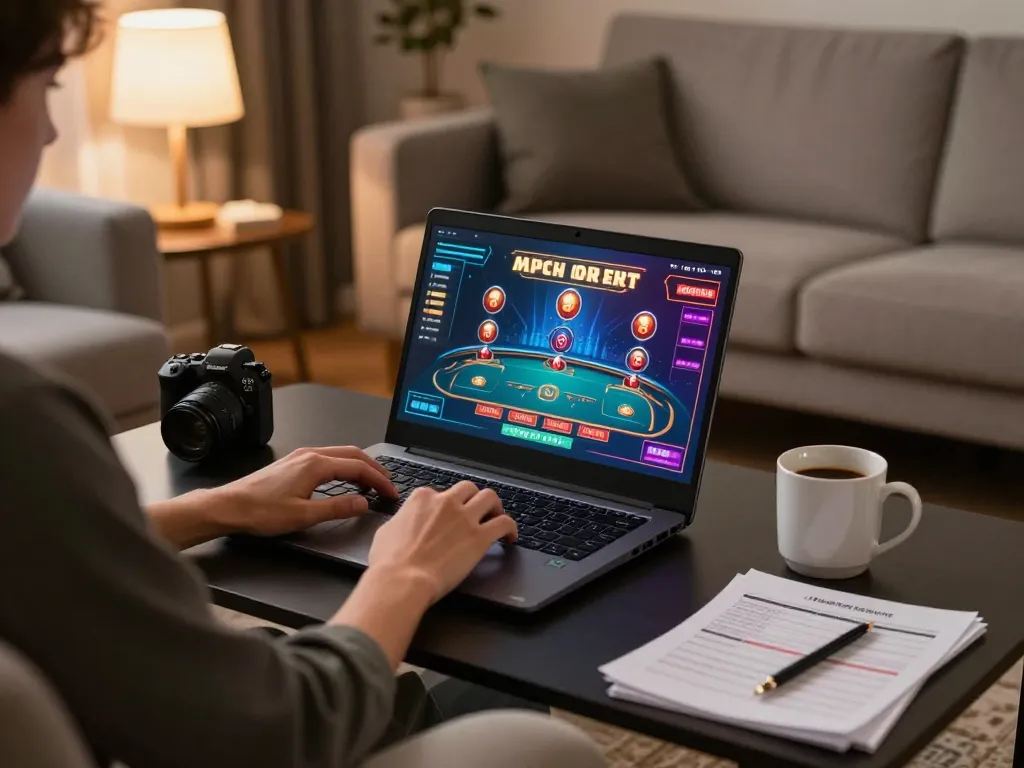 Engaged player using 99win for online gaming on a laptop in a cozy home setup.