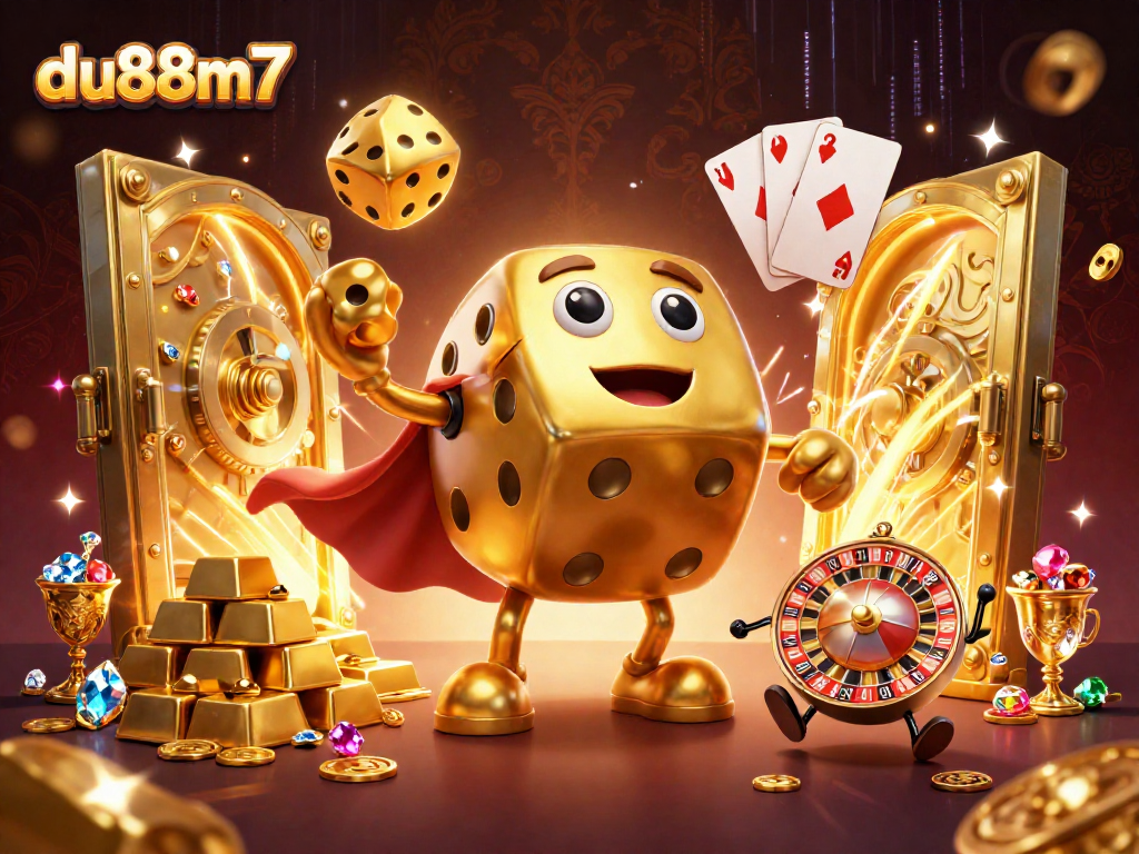 Experience the excitement of du88m7 with a dazzling 3D scene of golden dice, treasure, and casino elements rolling in this vibrant illustration.
