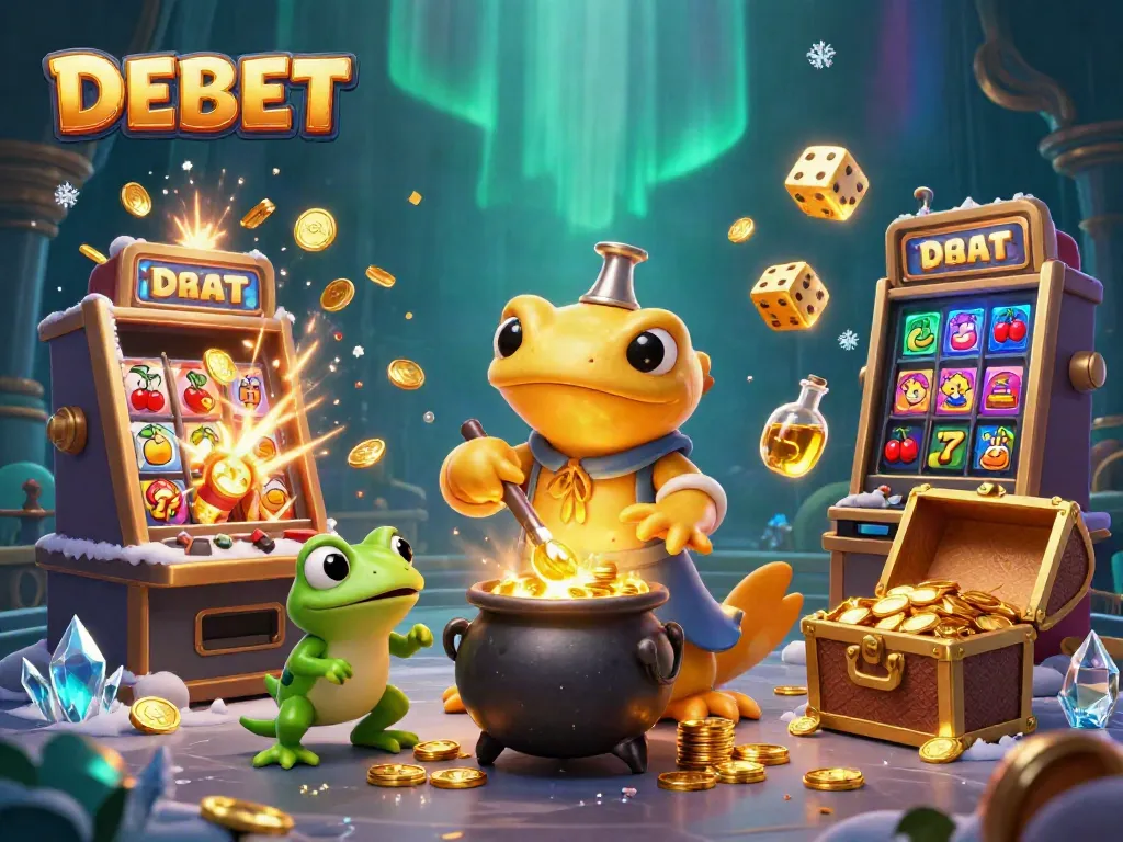 Experience the excitement of DEBET with an alchemist scene full of gold coins and casino elements.