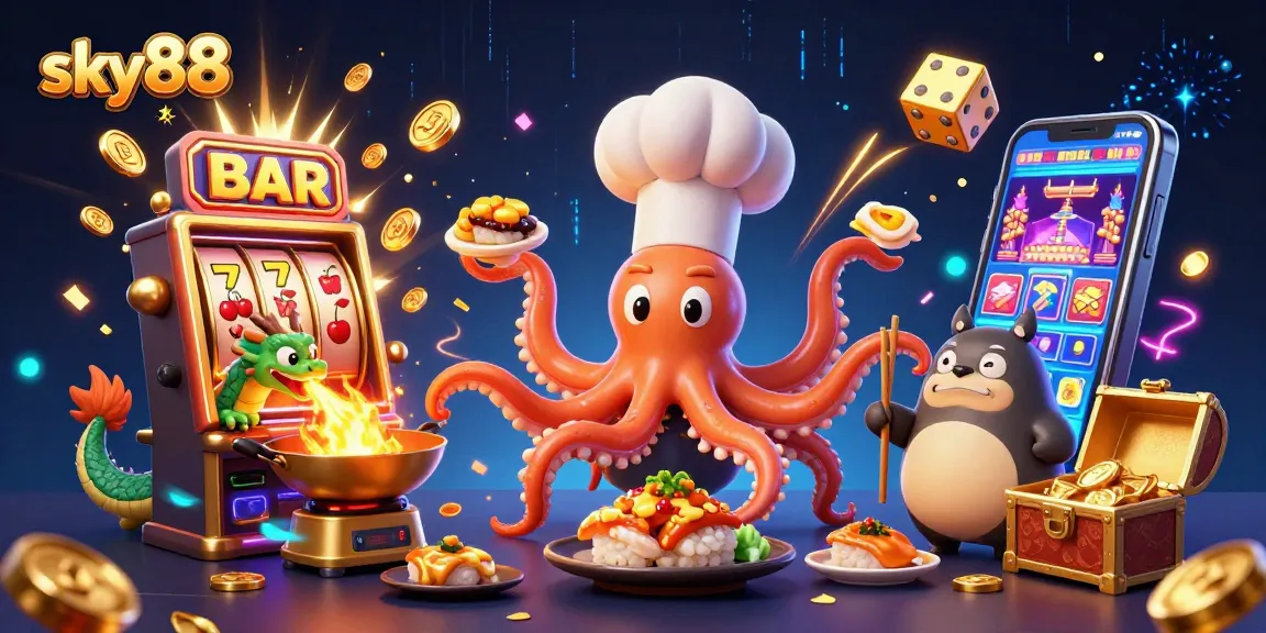 Experience the excitement of sky88 with a vibrant casino scene featuring dynamic characters and golden winnings.