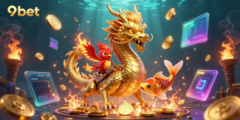 Engage with 9bet casino, featuring a golden dragon, a fiery phoenix, and vibrant coin action.
