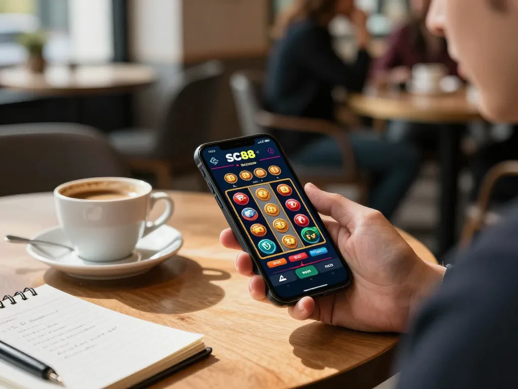 Engaging user playing on the SC88 Market mobile app at a cozy café, enhancing the online gambling experience.