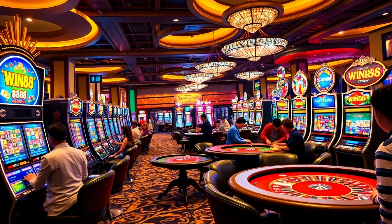 WIN88 players enjoying an exciting gaming experience with vibrant slot machines and casino tables.