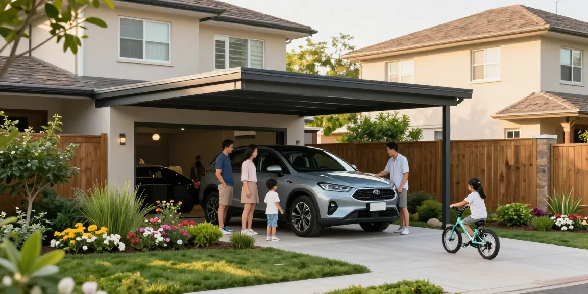 Moderne Carport in einem Wohngebiet, Familie versammelt um ein geparktes Auto, Kinder spielen mit einem Fahrrad.