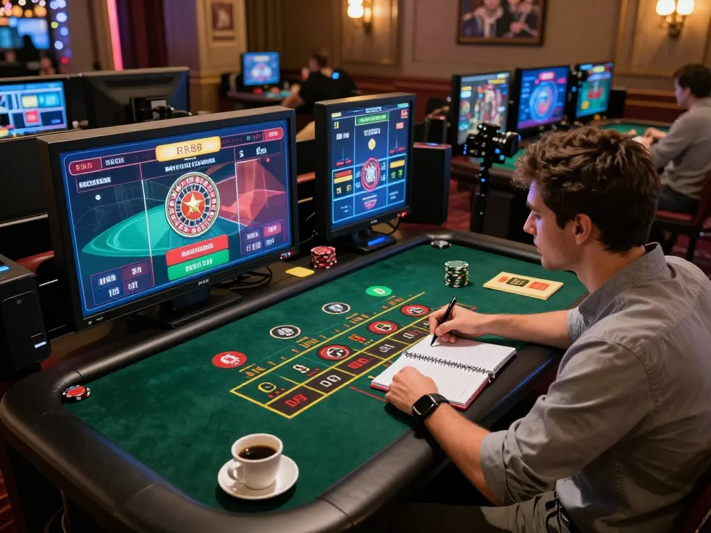 Engaging online gaming experience on RR88 platform with player analyzing strategies in stylish setup.