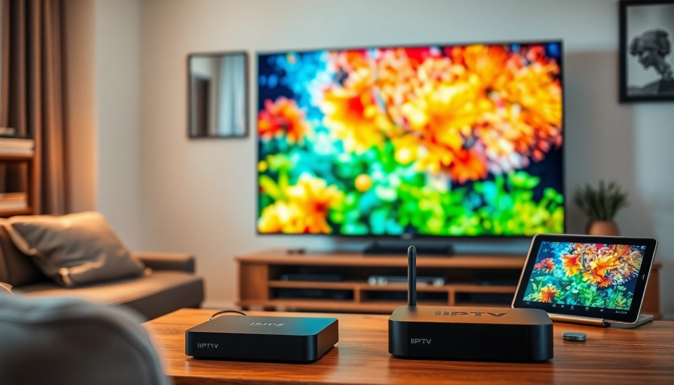 iptv kaufen in modernem Wohnzimmer mit Bildschirm und Streaming-Geräten ansprechend