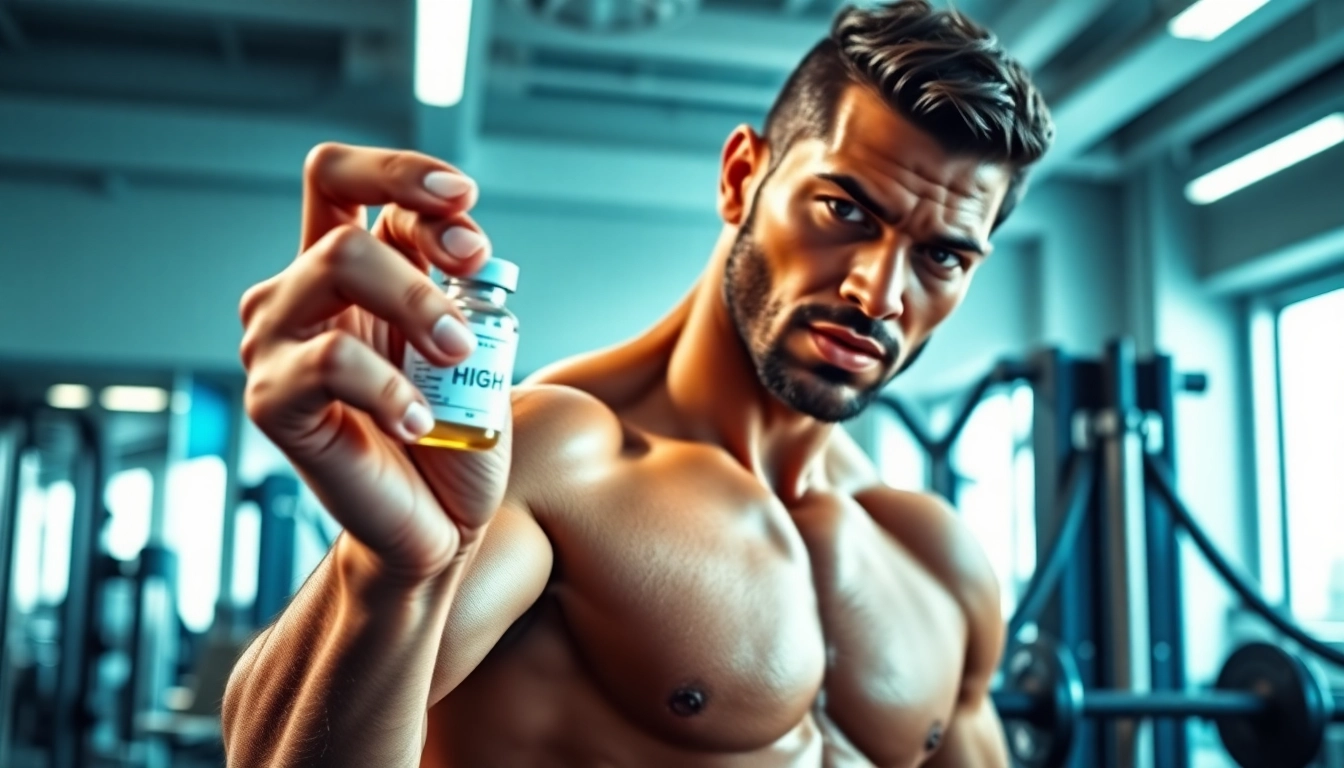 HGH kaufen: Athlet zeigt Vitalität und Kraft im Fitnessstudio mit HGH-Vial.