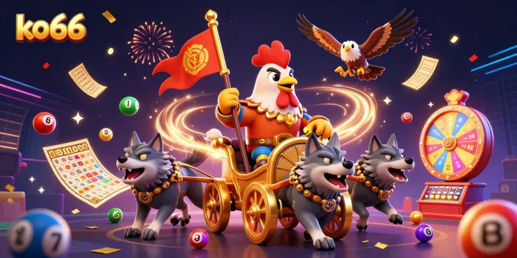 Experience thrilling gaming adventures at ko66 with a cartoon rooster warlord and his fierce companions amidst colorful confetti and lottery elements.