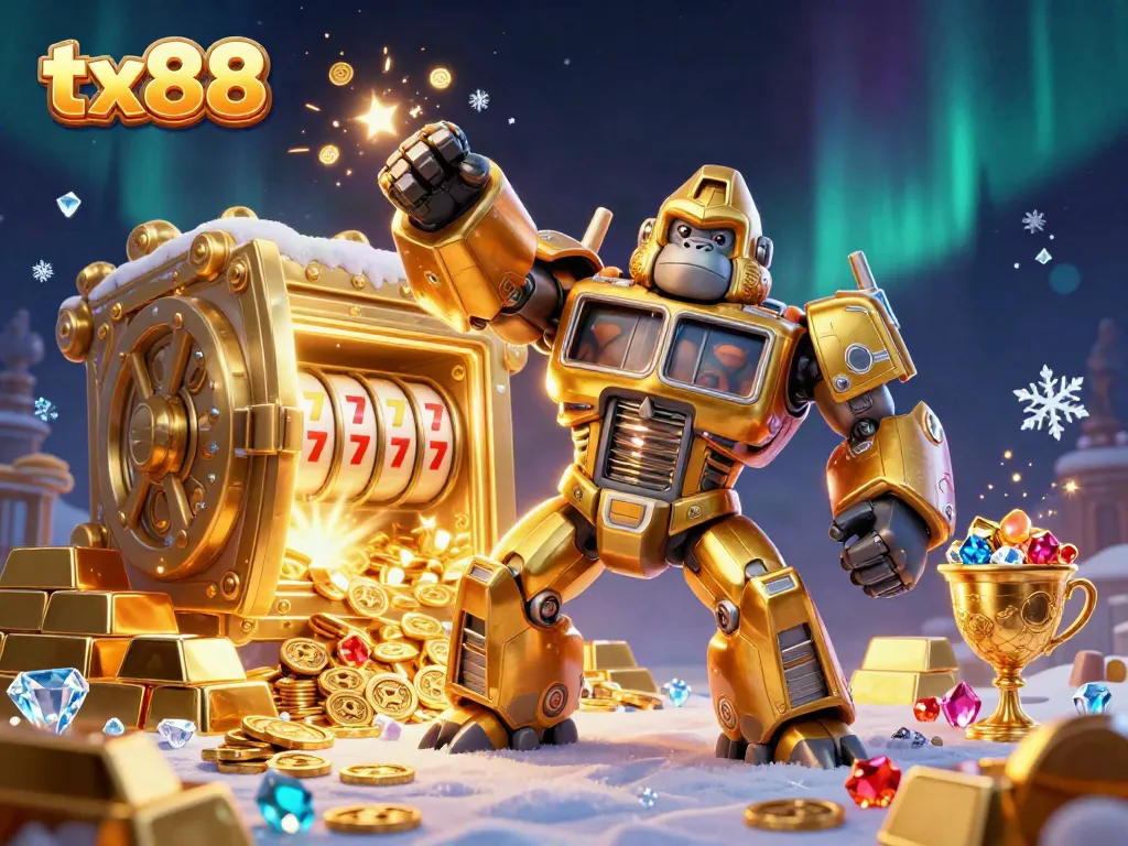 Engage with tx88's dynamic gaming world, where a mech character showcases slot machine excitement amidst treasures.