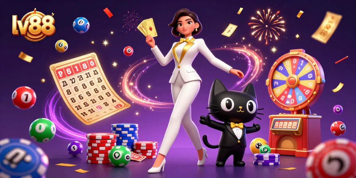 Engage with thrilling games at lv88 featuring glamorous casino scenes with vibrant lottery balls and a playful cat.