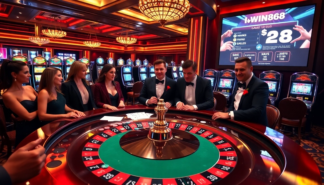IWIN68 players enjoy high-stakes excitement at a luxurious casino table with vibrant decor.