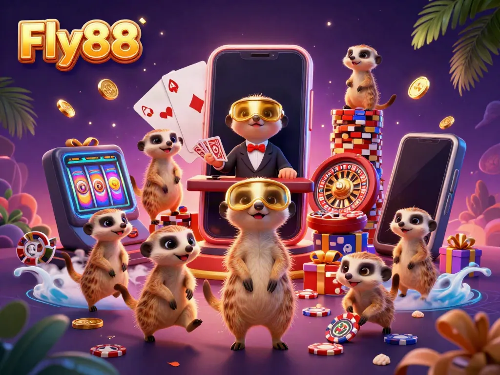 Experience the excitement of Fly88 with meerkats running a lively casino scene filled with games and vibrant energy.