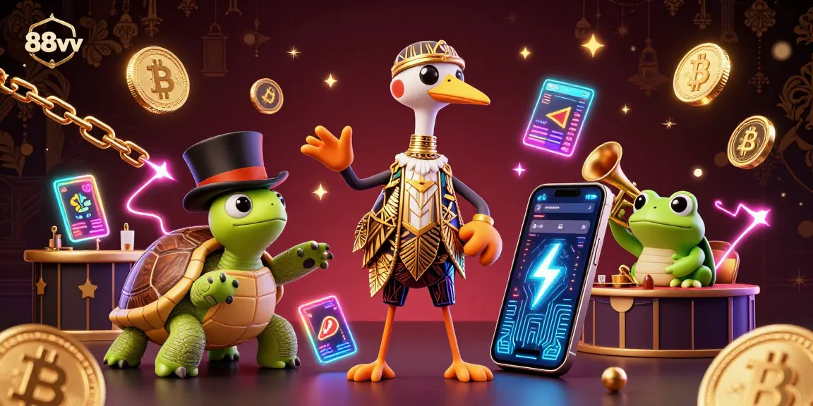 Experience the excitement of 88vv with a vibrant 3D casino illustration featuring unique characters and elements.