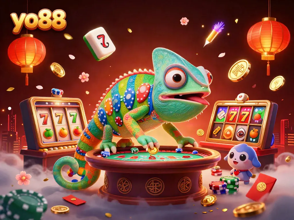 Experience the vibrant action of yo88 with a colorful chameleon casino owner and dynamic game symbols.
