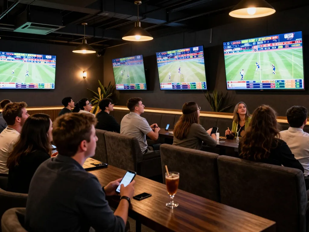 The excitement of live sports betting at mk8th with patrons placing wagers and enjoying the game atmosphere.