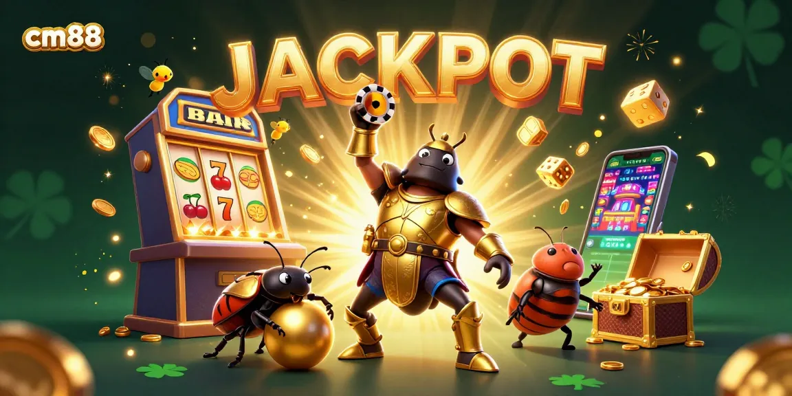 Experience cm88's vibrant jackpot scene with a heroic beetle showcasing exciting casino elements.