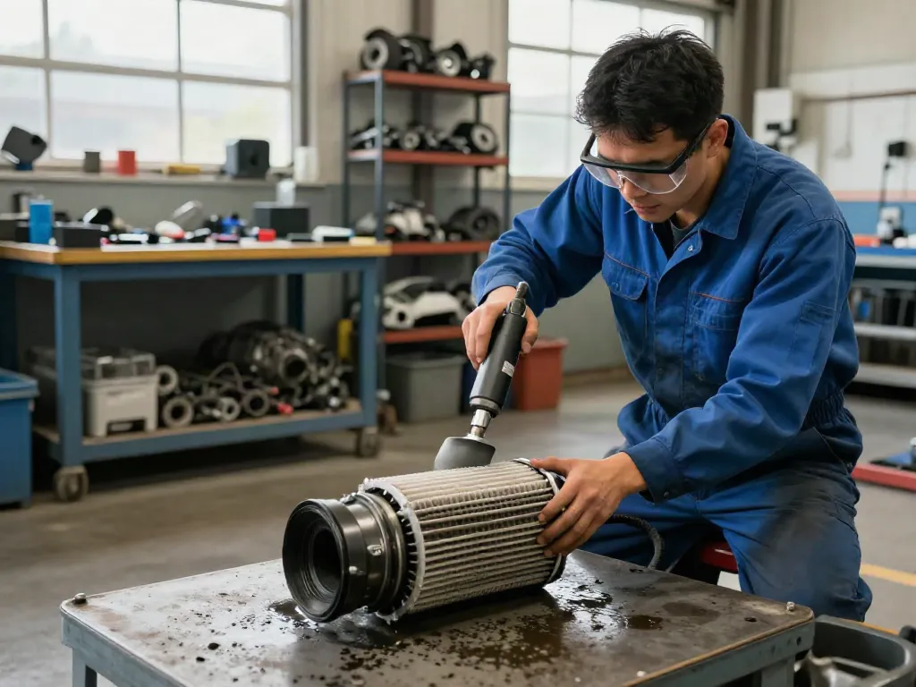 Mechaniker reinigt DPF in Werkstatt, spezialisierte Werkzeuge sichtbar.