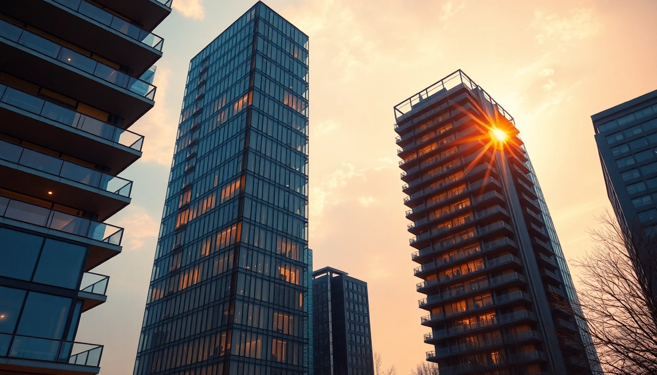 Realistische Darstellung einer architektur visualisierung eines modernen Hochhauses, umgeben von einer warmen Abendatmosphäre.