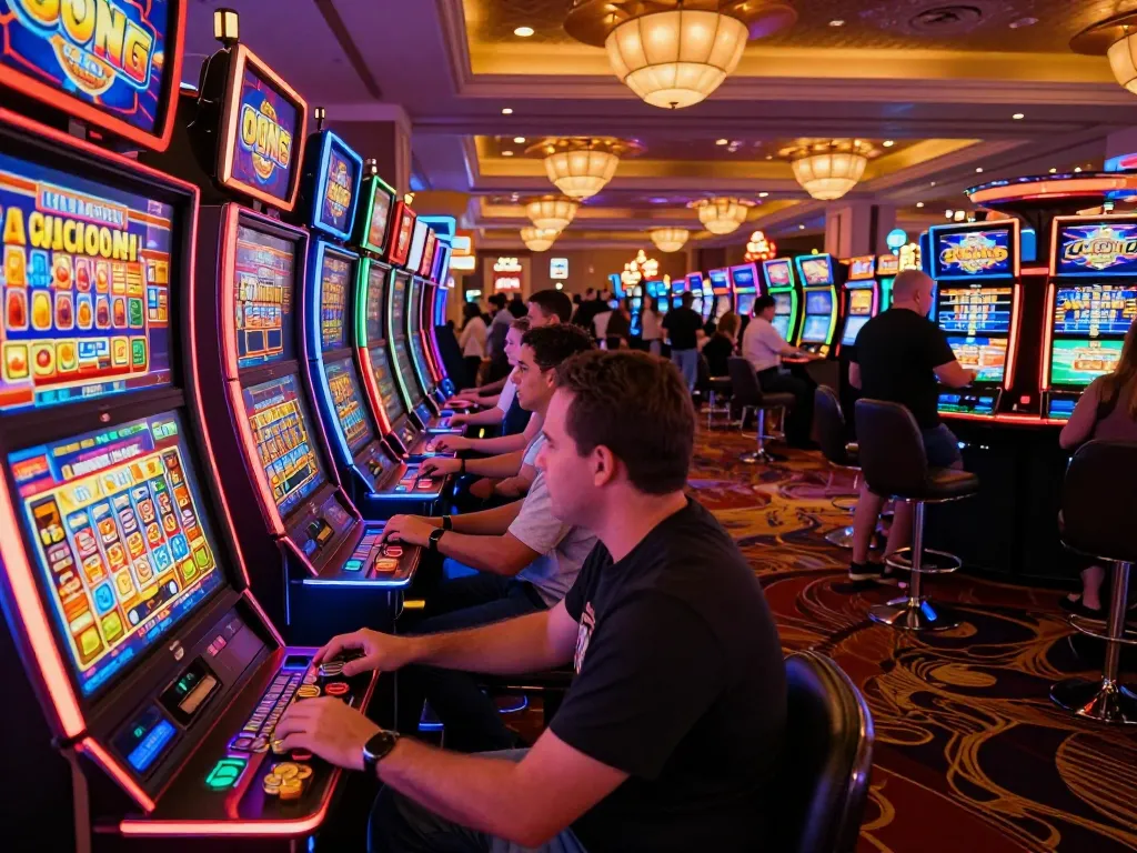 Players engaging with vibrant slot machines featuring colorful graphics at a busy casino, highlighting Staubbindematte gegen Staub und Partikel for cleanliness and safety.