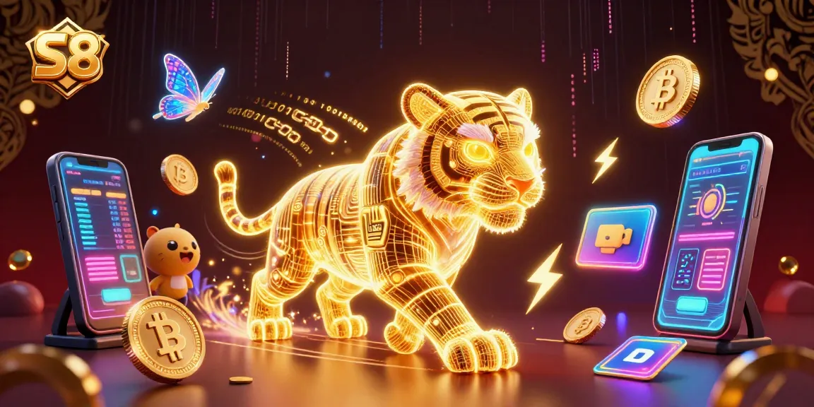 S8 showcases an animated golden tiger navigating a vibrant digital casino, symbolizing thrilling gameplay.