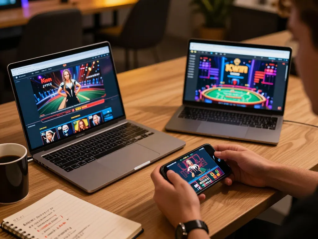 Kwin online gambling setup showcasing dynamic gameplay on laptop and smartphone with strategic notes
