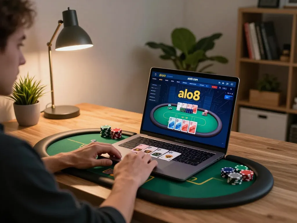 Player enjoying an online poker game on alo8 com with vibrant cards and chips visible.